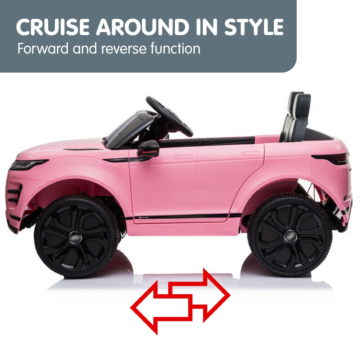 Pink toy car with steering wheel and wheels on a white background, featuring text about forward and reverse function.