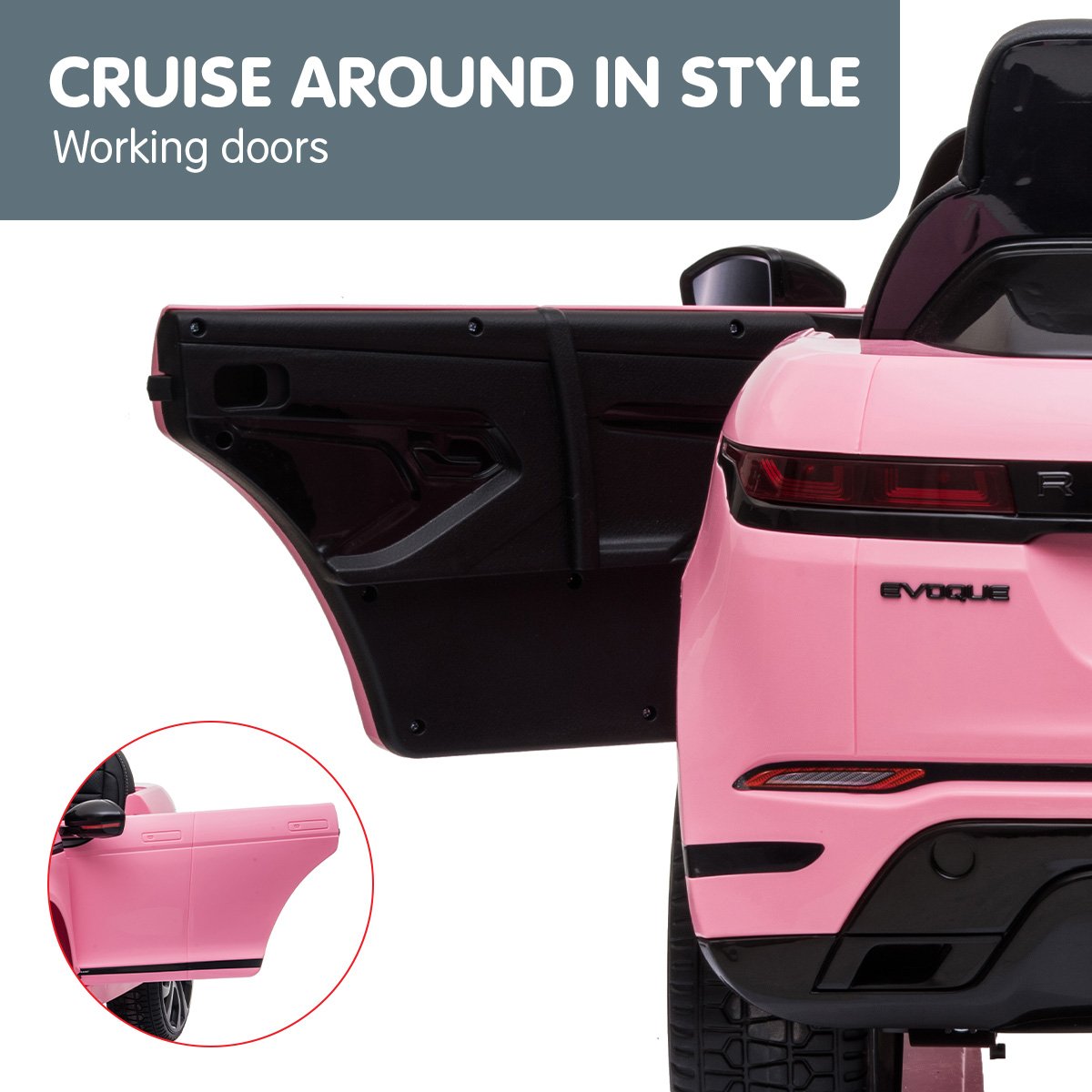 Pink car with open door and 'Cruise Around in Style' text