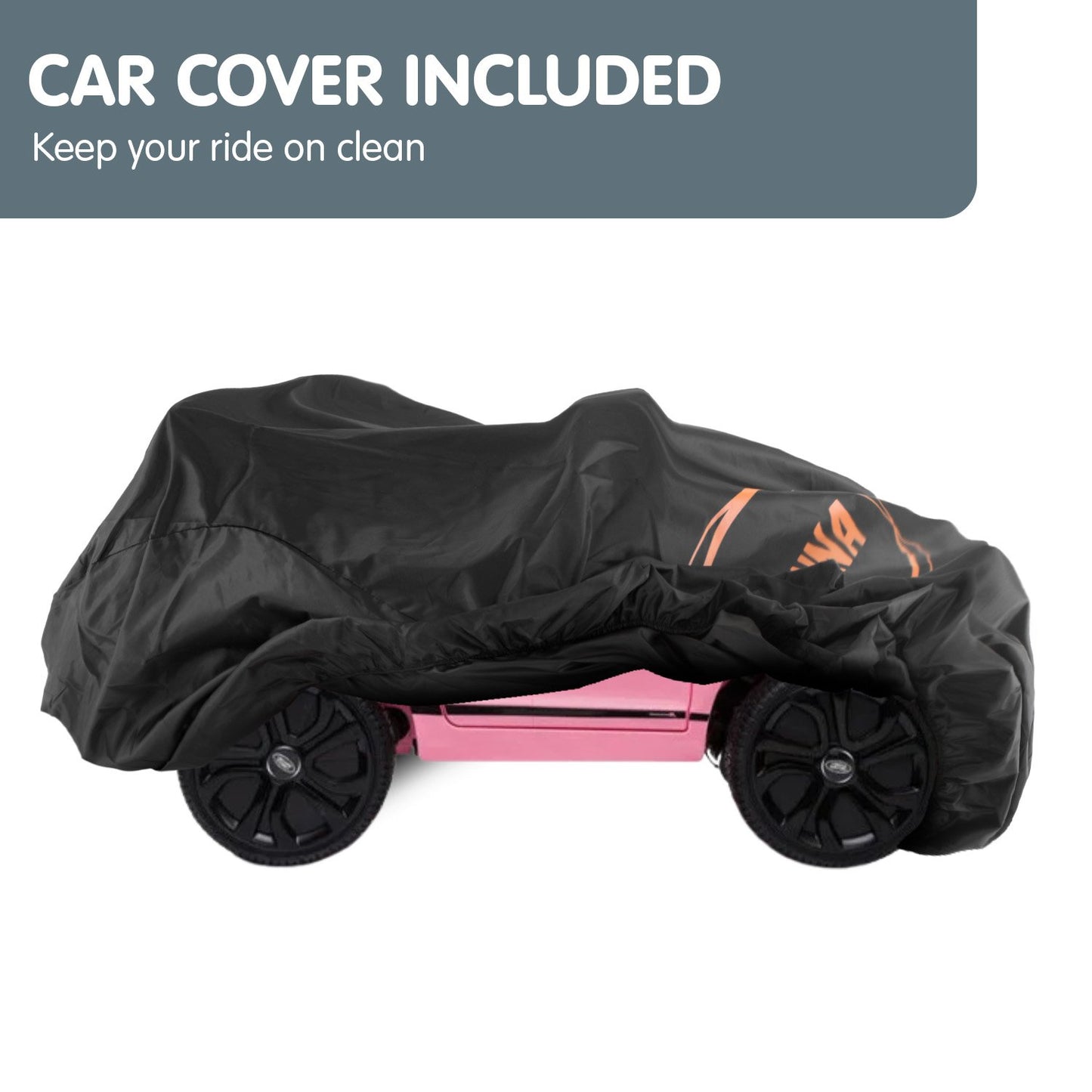 Black car cover on a pink toy car with text 'Car Cover Included' above.
