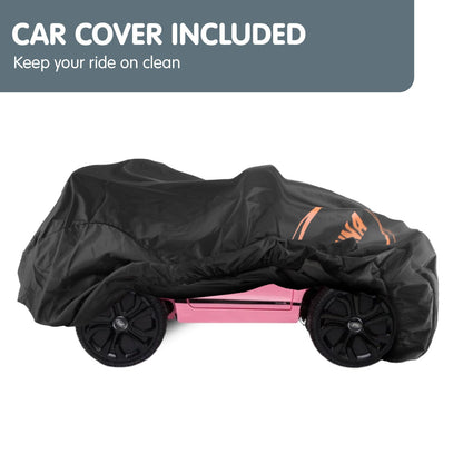 Black car cover on a pink toy car with text 'Car Cover Included' above.