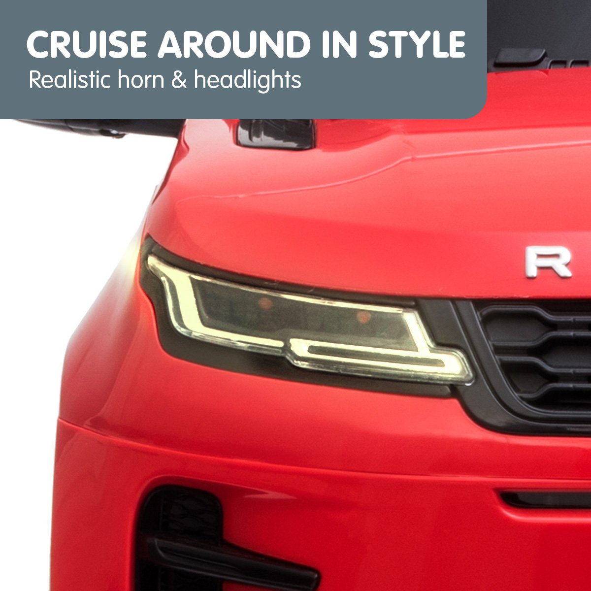 Red car with headlights on a white background, featuring text about realistic horn and headlights.