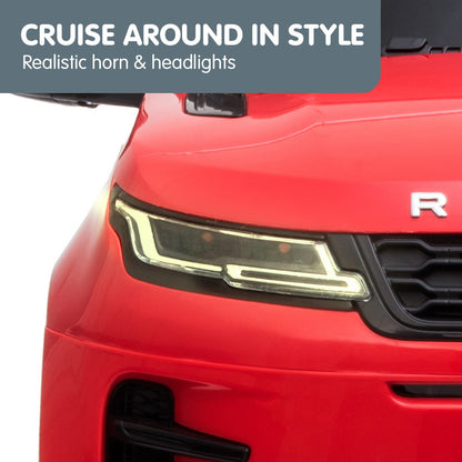 Red car with headlights on a white background, featuring text about realistic horn and headlights.