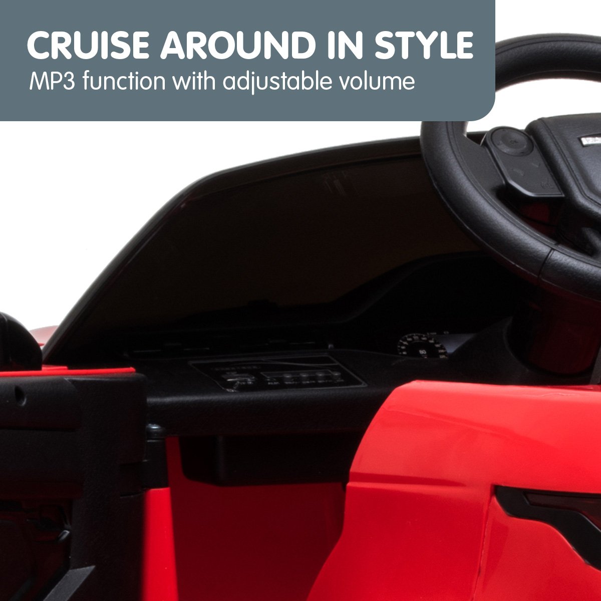 Car interior with red seats and steering wheel, featuring an MP3 function with adjustable volume.