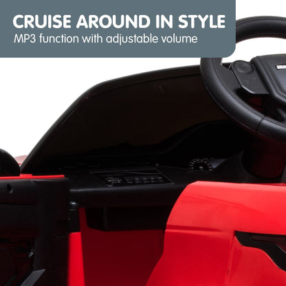 Car interior with red seats and steering wheel, featuring an MP3 function with adjustable volume.