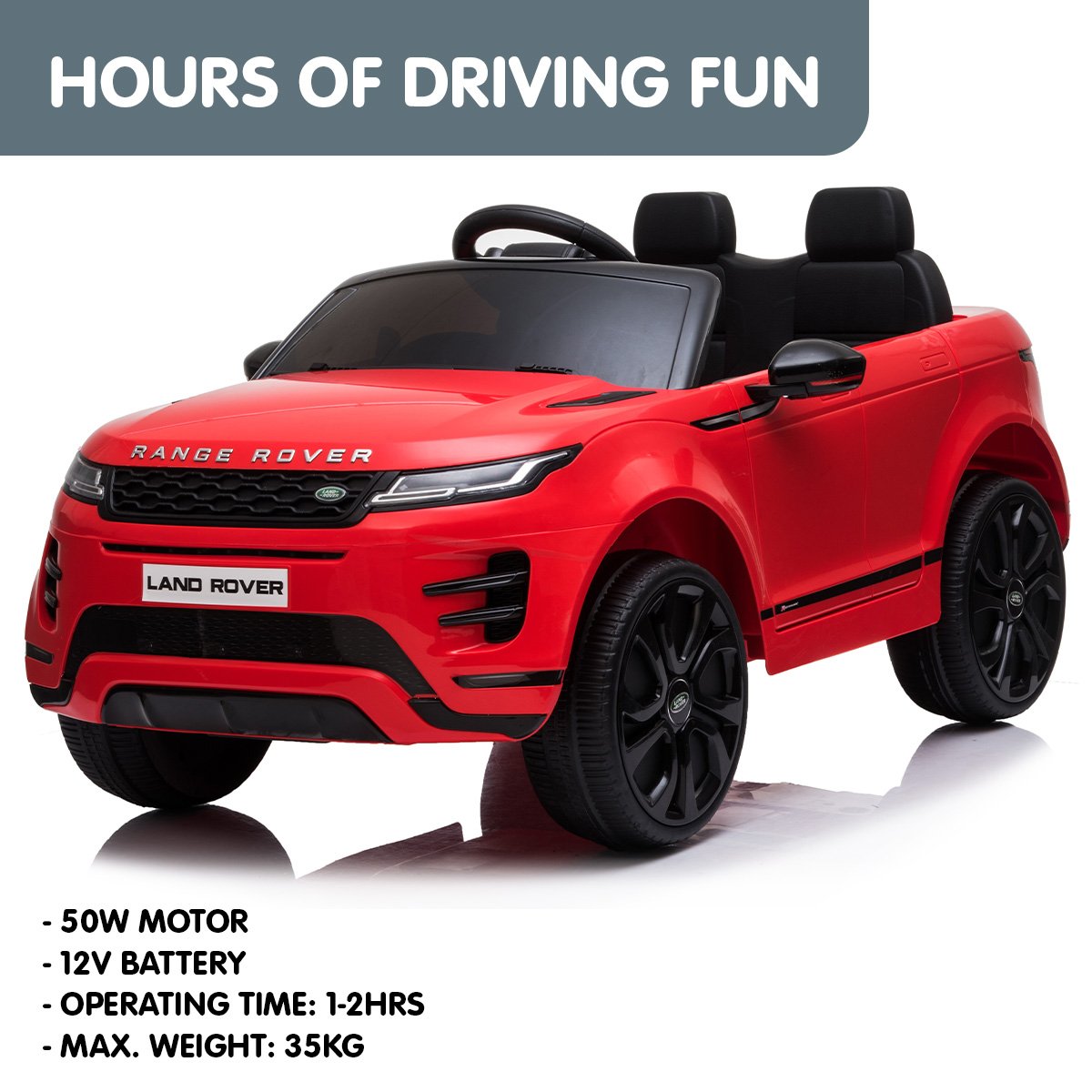 Red toy Range Rover with black seats on a white background, featuring text about driving fun and specifications.