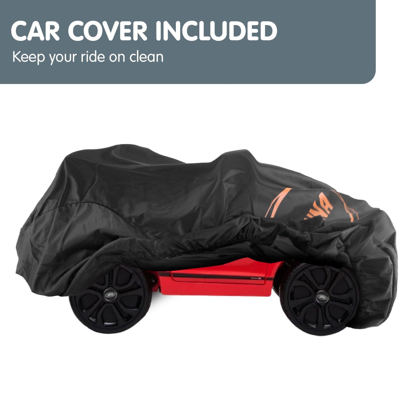 Black car cover on a red vehicle with text 'Car Cover Included' above.