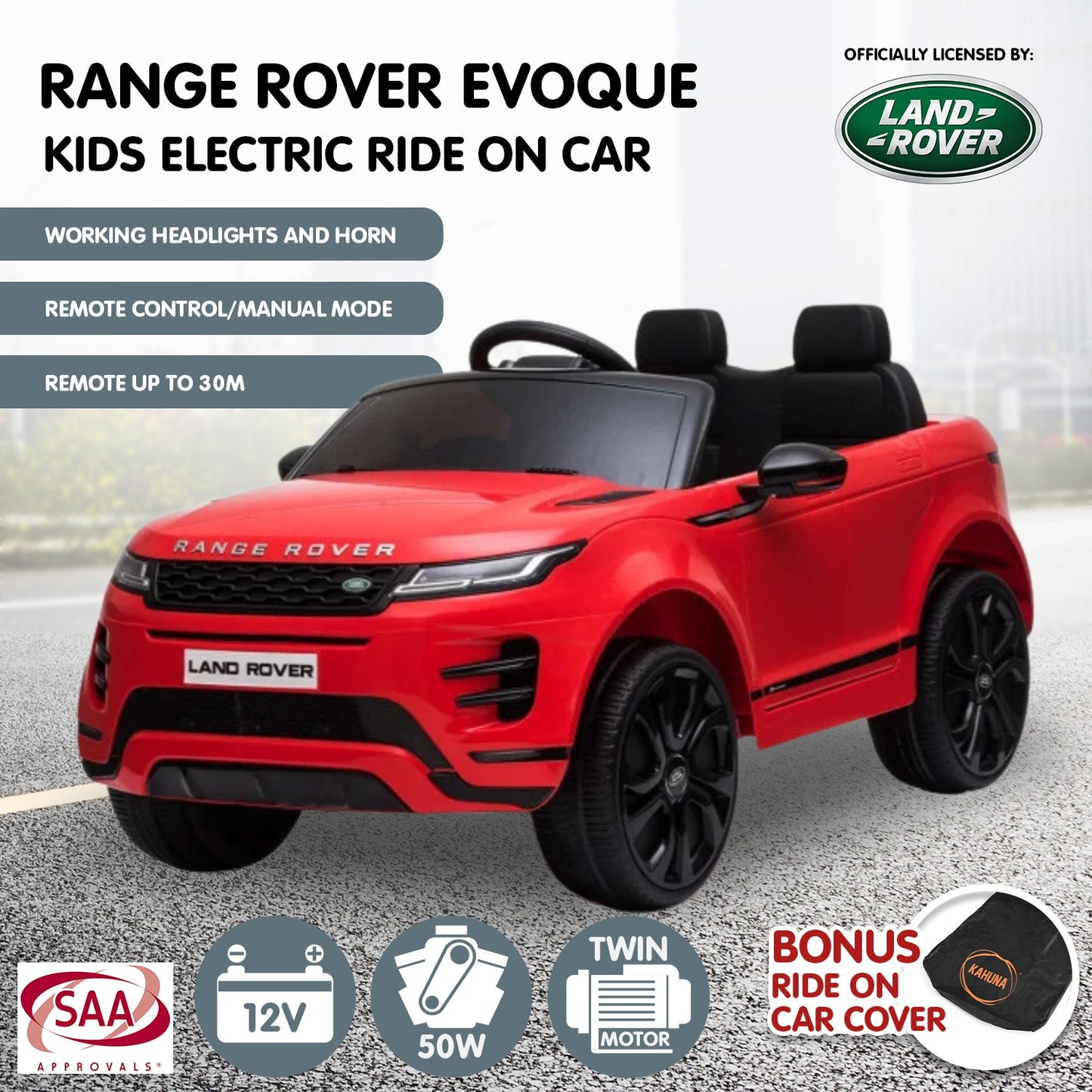 Red Range Rover Evoque kids electric ride-on car with product details on a gray background