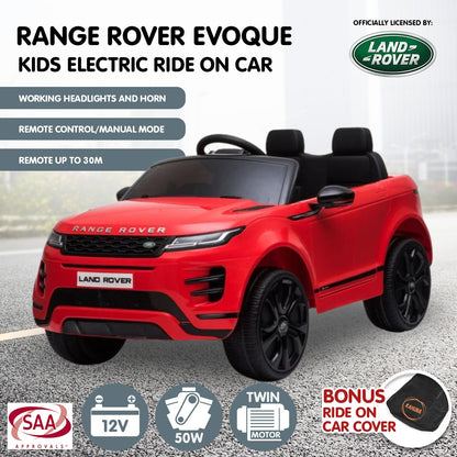 Red Range Rover Evoque kids electric ride-on car with product details on a gray background