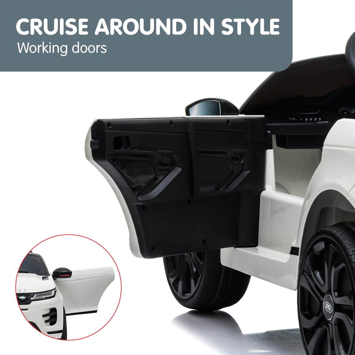 Car with open doors and text 'Cruise Around in Style' on a white background