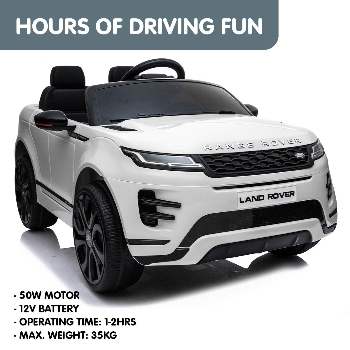 White toy Range Rover with black wheels on a white background, featuring text about driving fun and specifications.