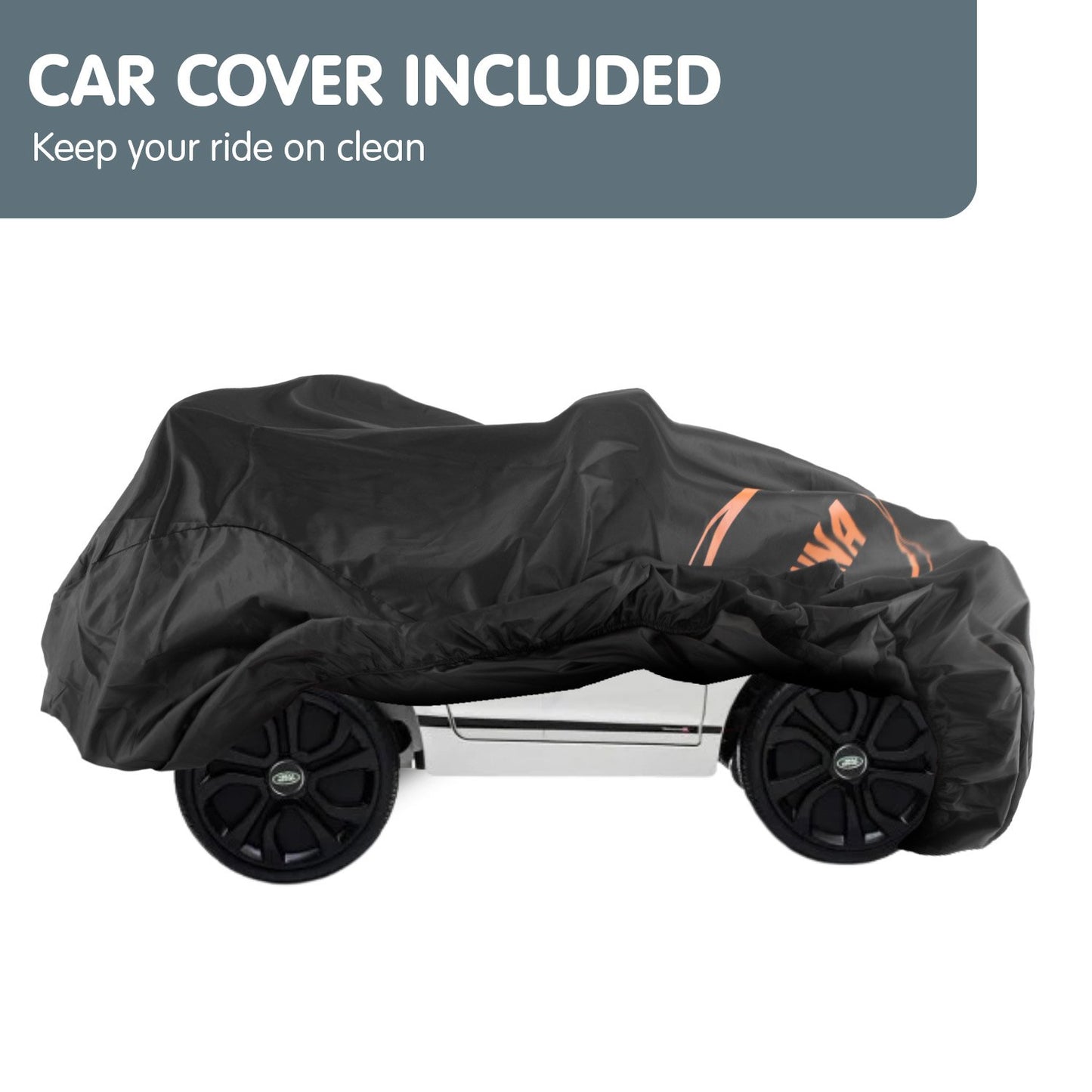 Black car cover on a vehicle with text 'Car Cover Included' above.