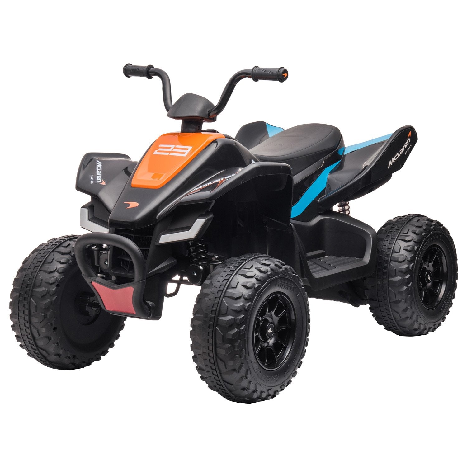 Children's ATV with black, orange, and blue design on a white background
