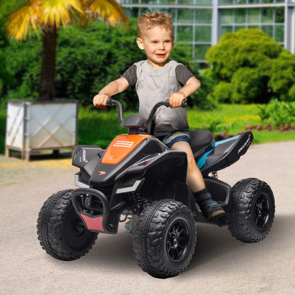 Child riding a toy ATV in an outdoor setting with greenery.
