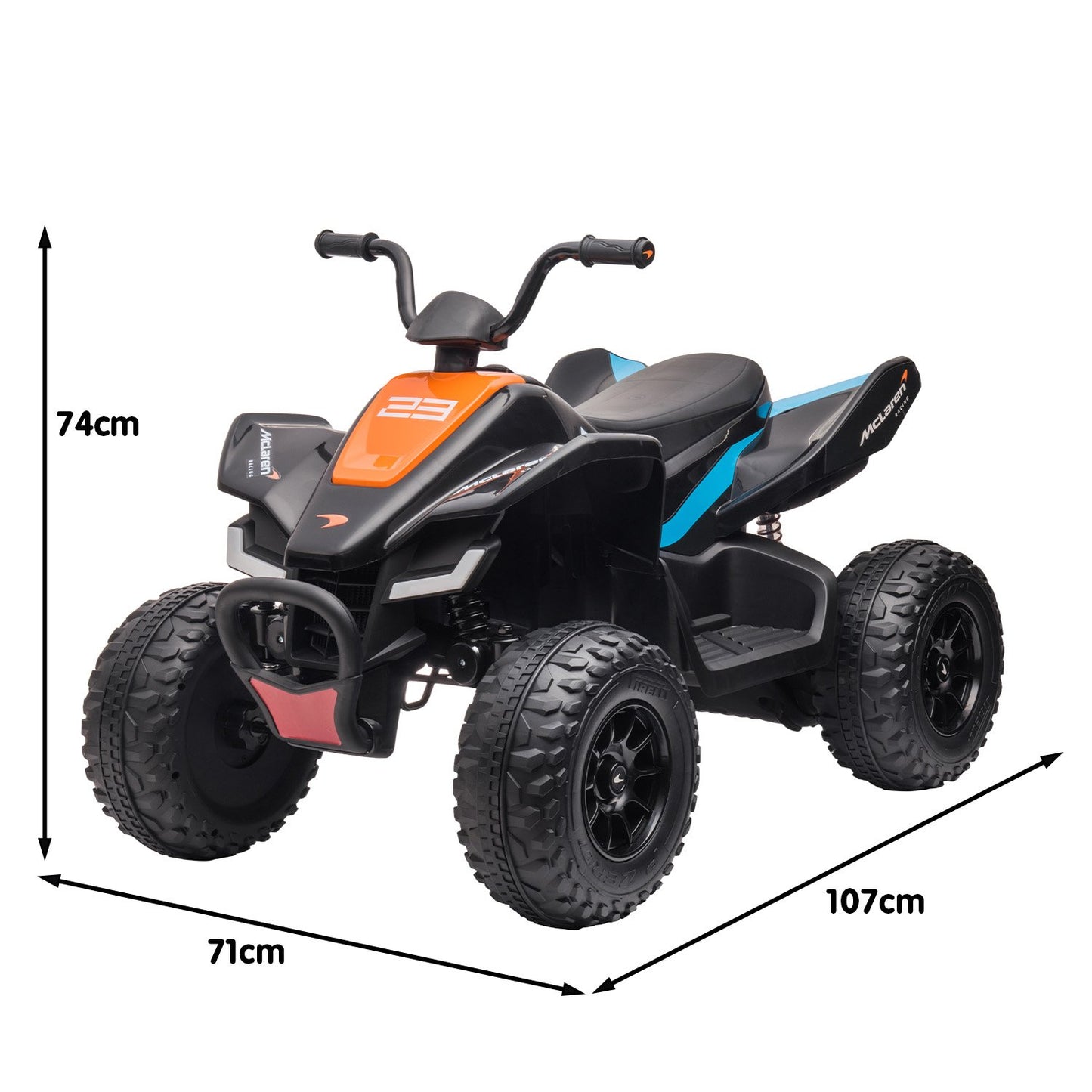 Children's ATV with dimensions labeled on a white background