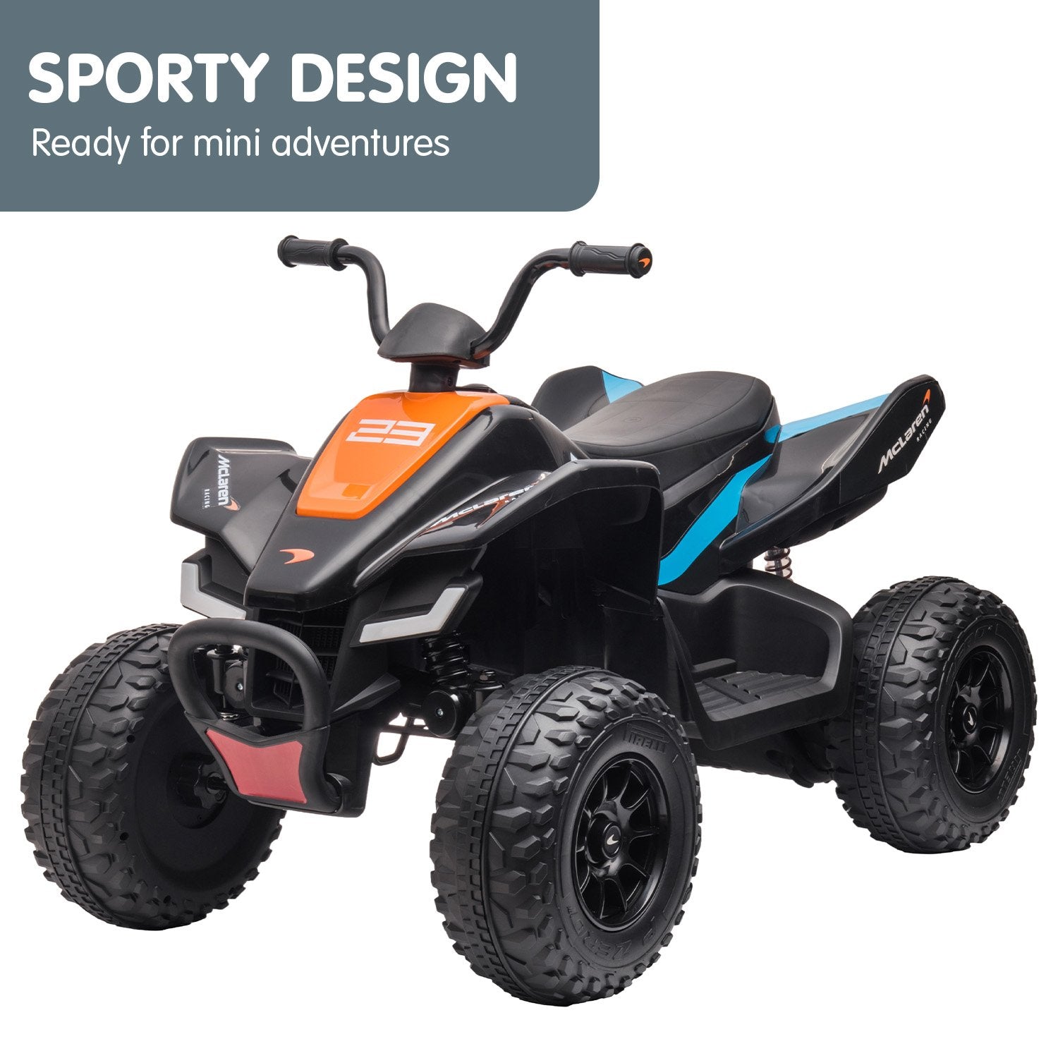 Children's toy quad bike with sporty design on a white background