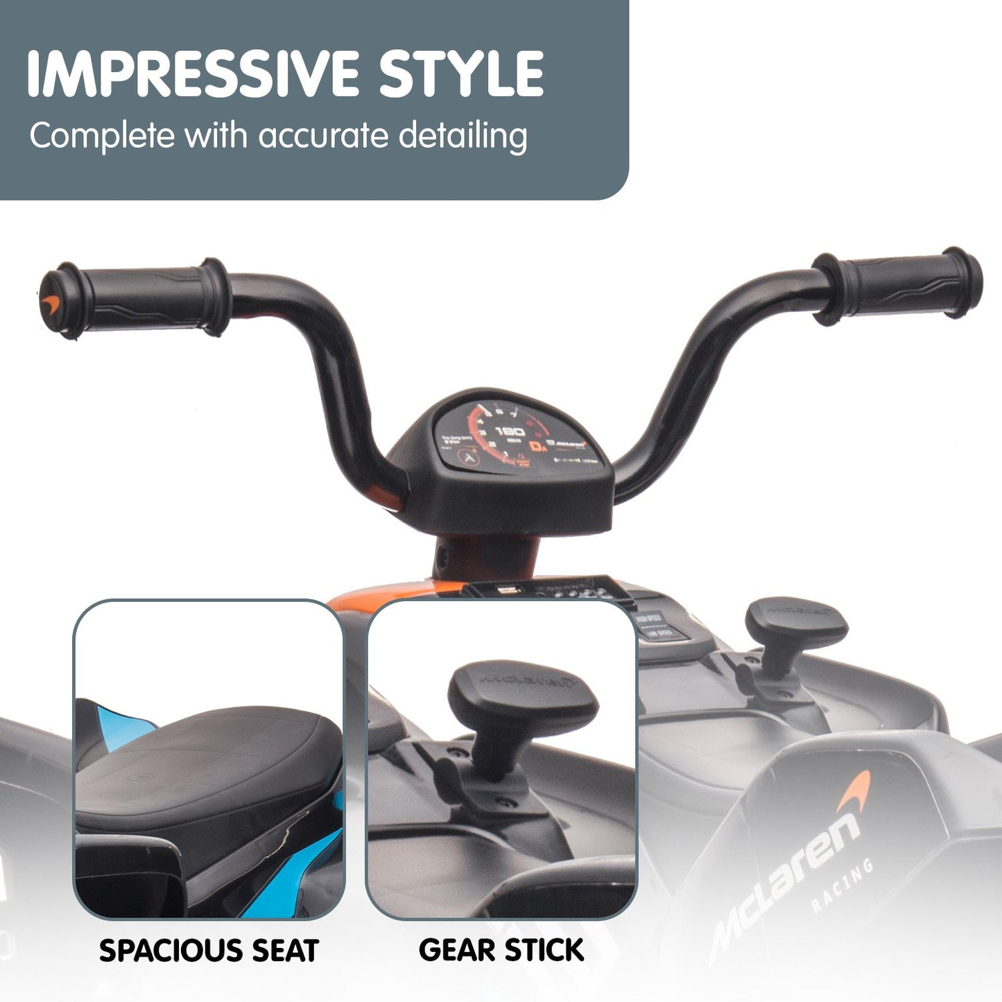 Close-up of a scooter with detailed features labeled 'Spacious Seat' and 'Gear Stick', on a white background.