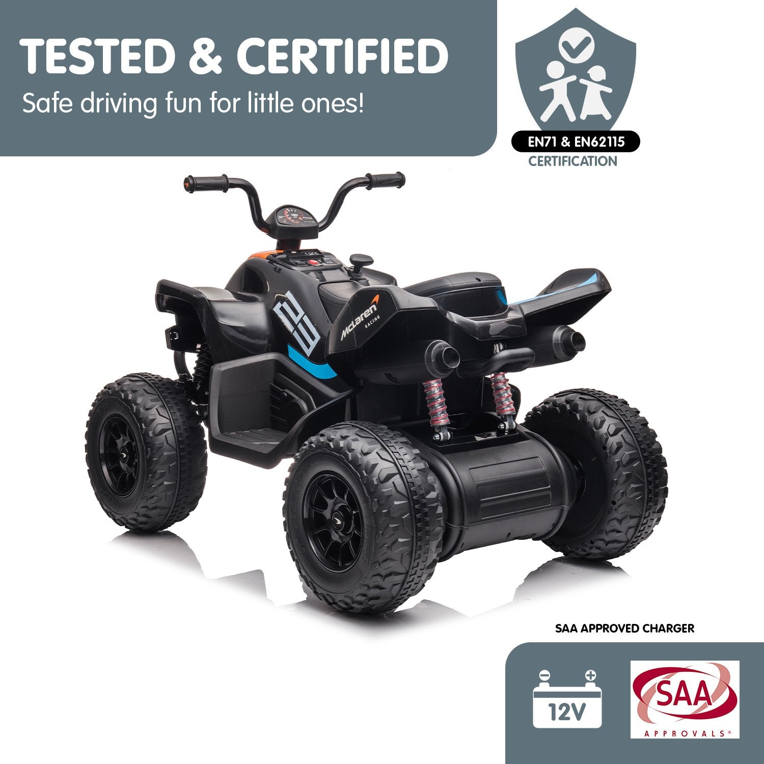Children's toy quad bike with safety certification logos on a white background