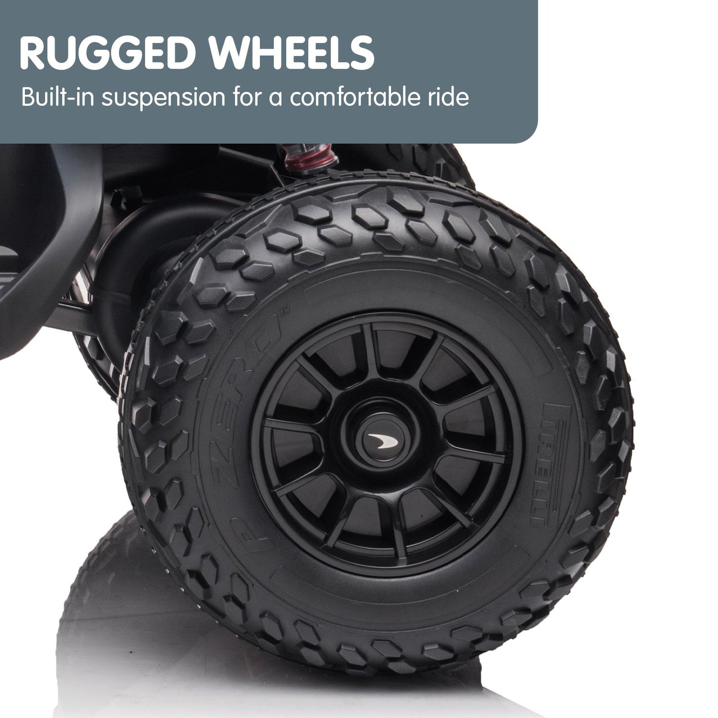 Close-up of rugged wheels with text about built-in suspension on a white background