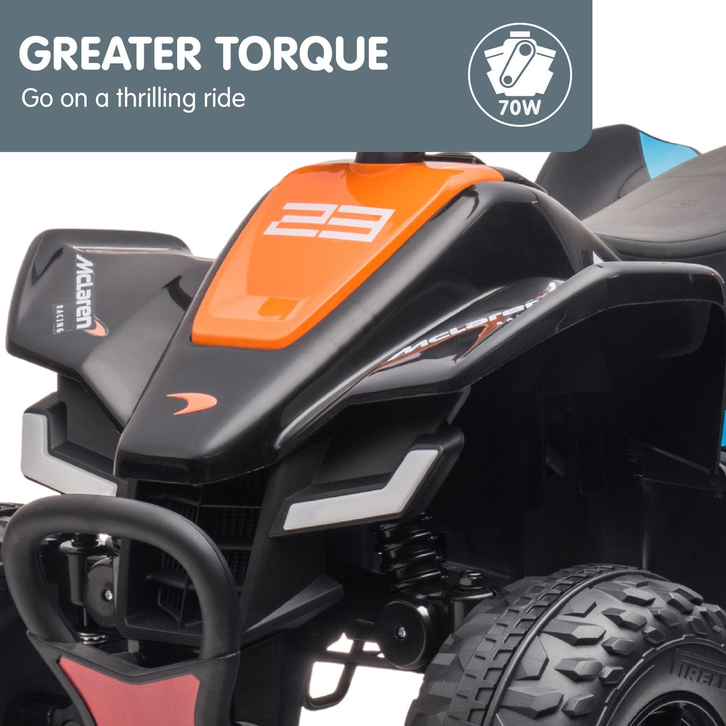 Close-up of a black and orange ATV with branding and text about greater torque.