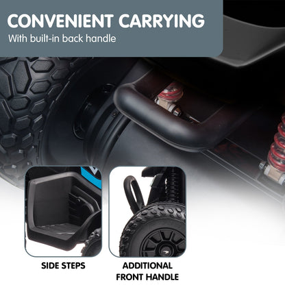 Close-up of a vehicle's side steps and additional front handle with text highlighting convenience.