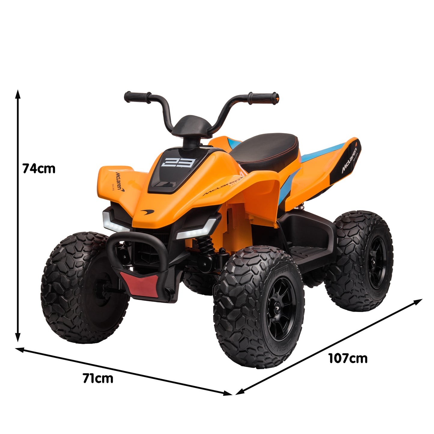Orange toy ATV with dimensions indicated on a white background