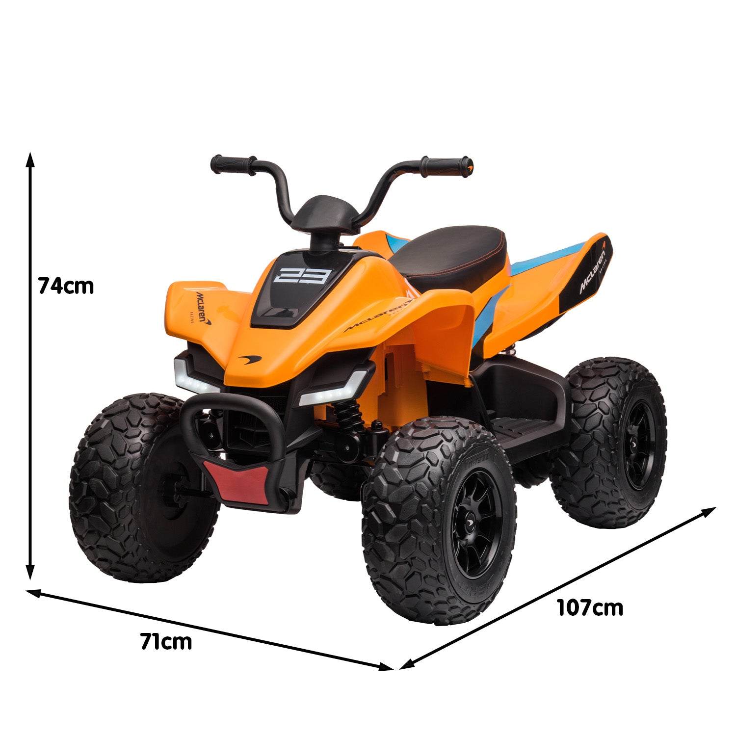 Orange toy ATV with dimensions indicated on a white background