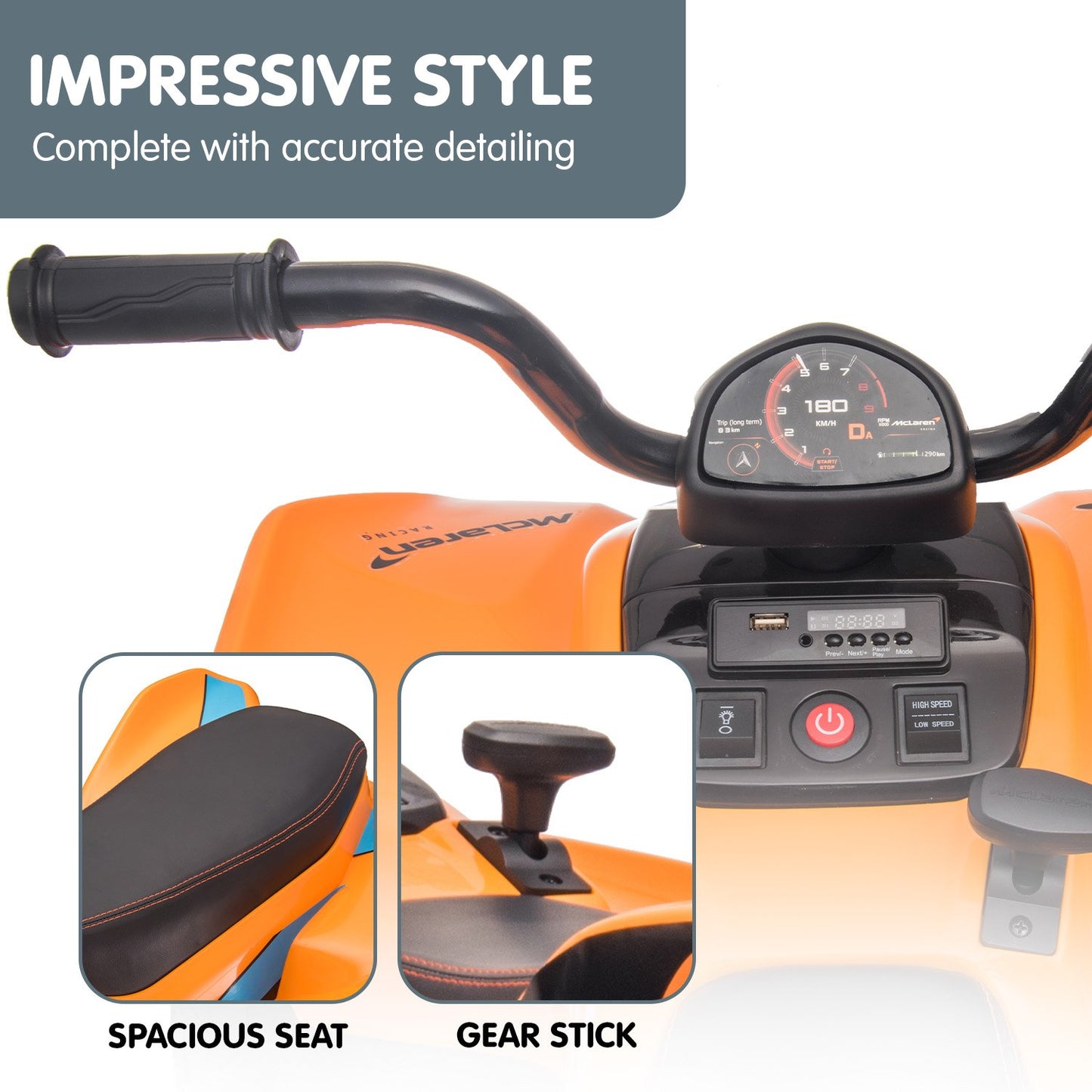 Orange toy ATV with handlebar, seat, and gear stick on a white background