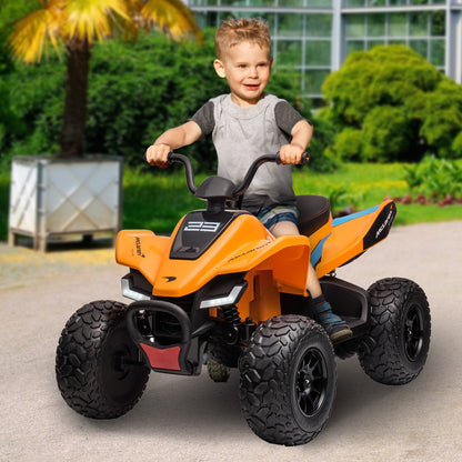 Child riding an orange toy ATV in a garden setting