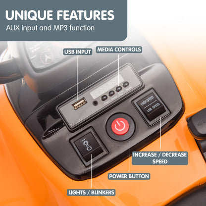 Control panel of a vehicle with labeled features on an orange background