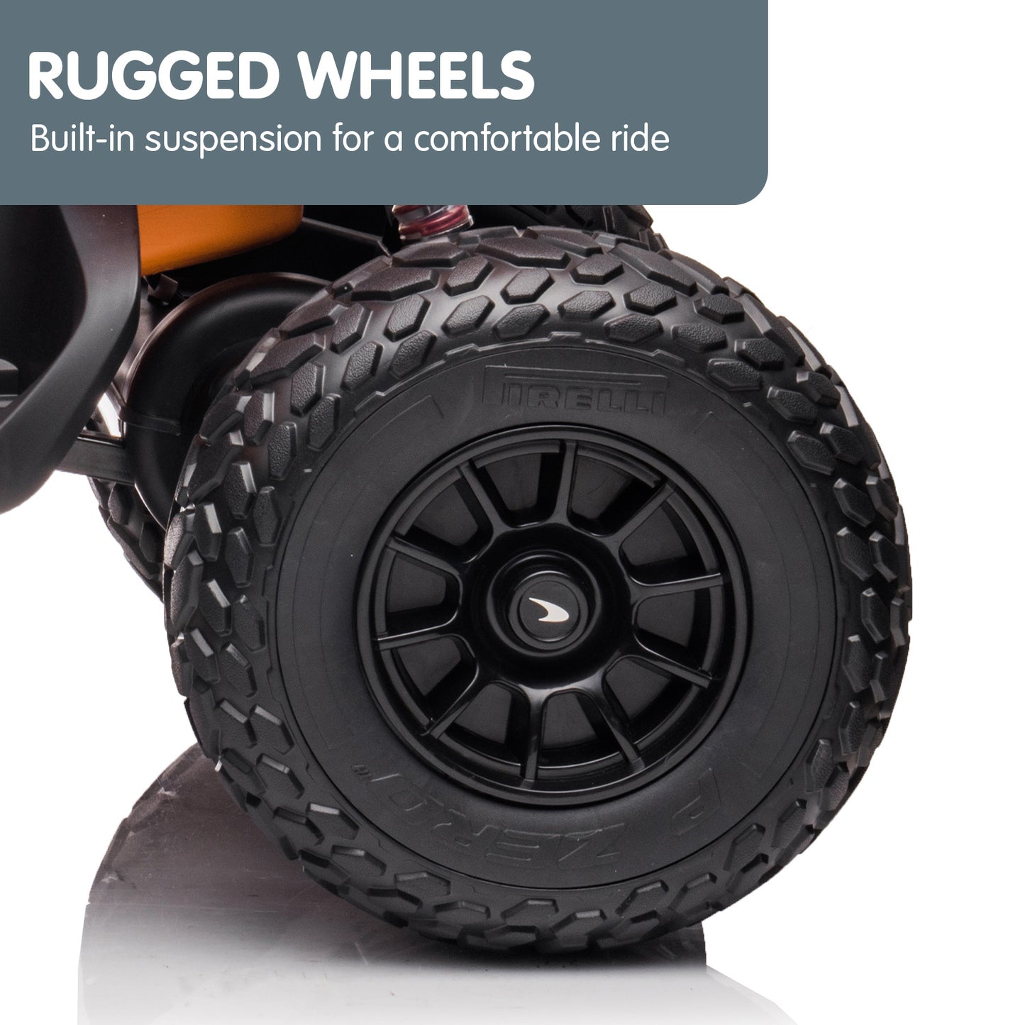 Close-up of rugged wheels with text about built-in suspension on a white background