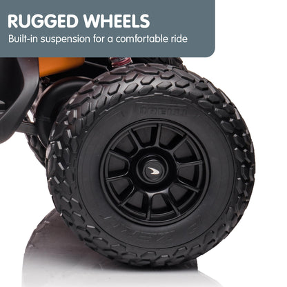 Close-up of rugged wheels with text about built-in suspension on a white background