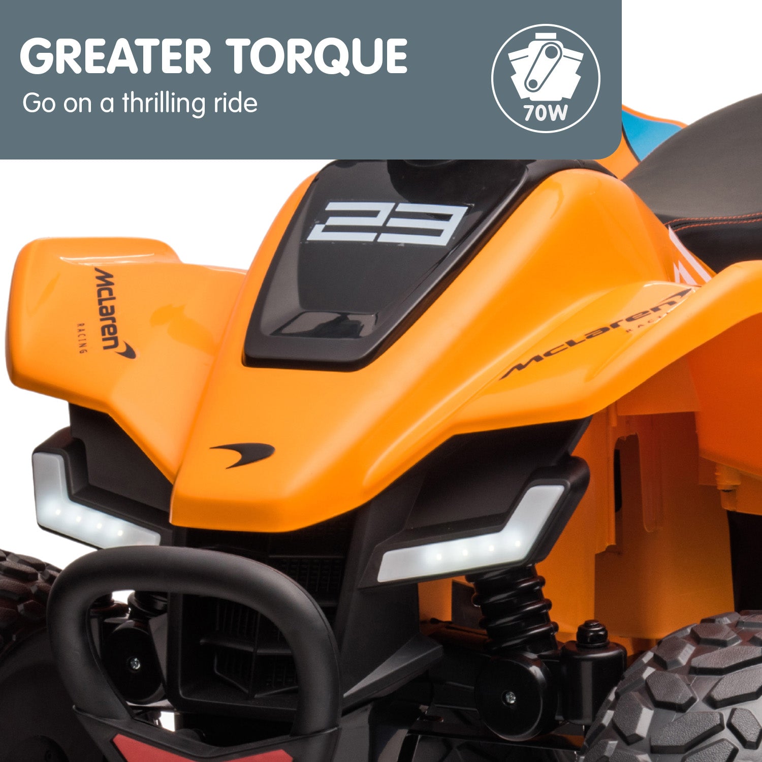 Orange ATV with '23' branding and text about greater torque on a white background