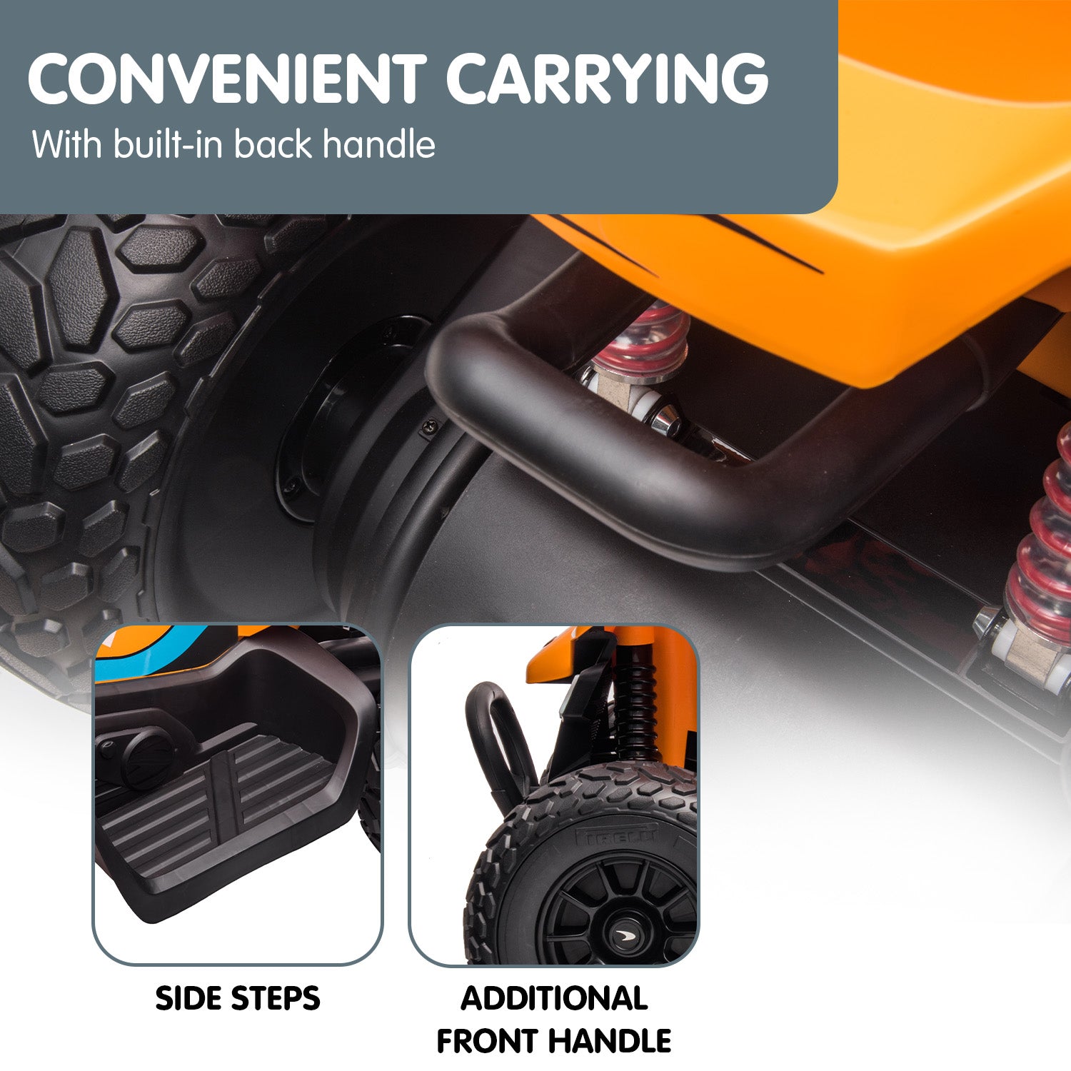 Close-up of a vehicle with side steps and additional front handle, highlighting convenience features.