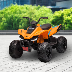 Orange toy ATV on a tiled floor with greenery in the background