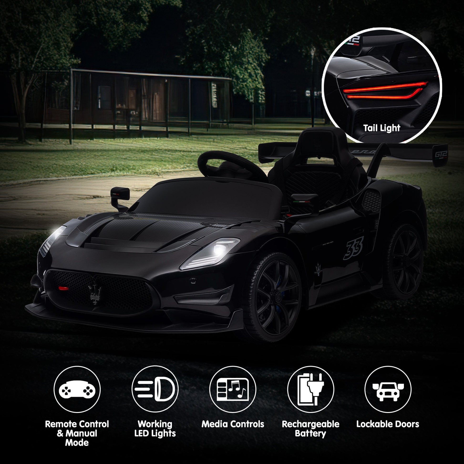 Black toy car with features highlighted on a dark background