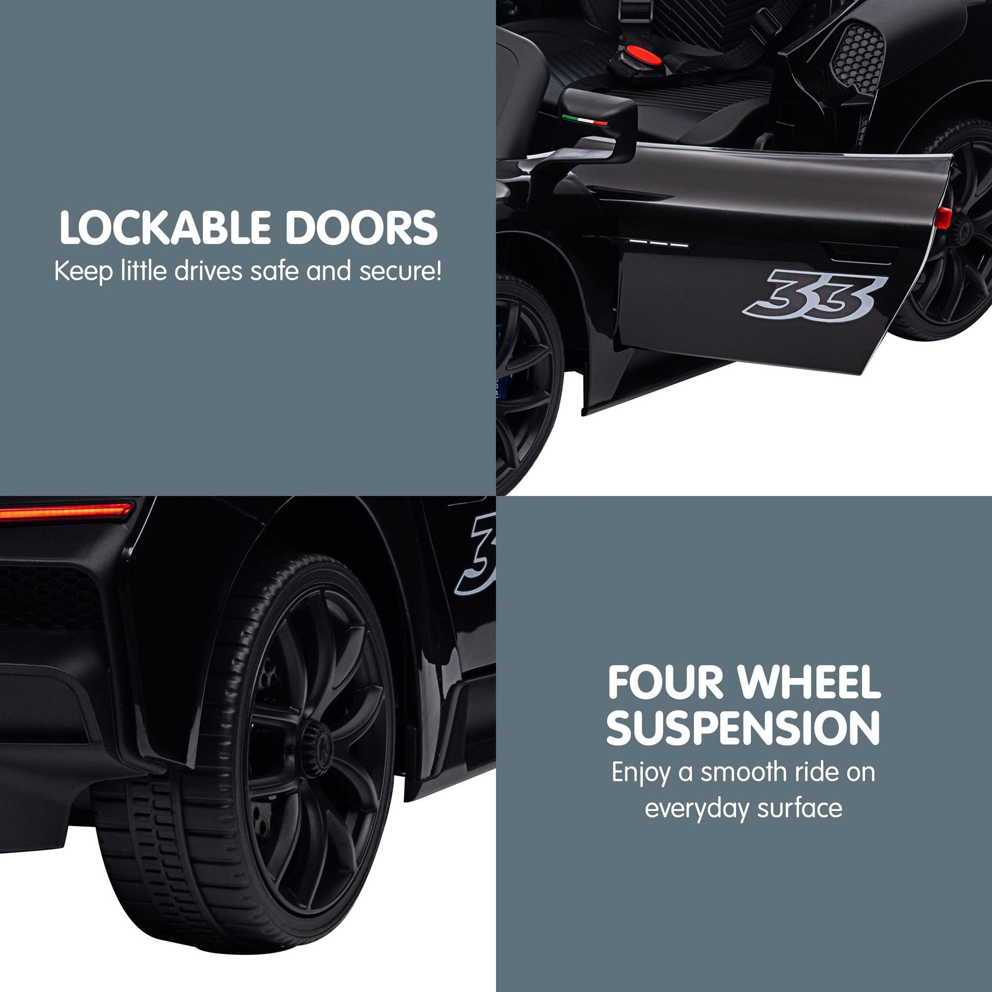 Black toy car with lockable doors and four-wheel suspension features highlighted.
