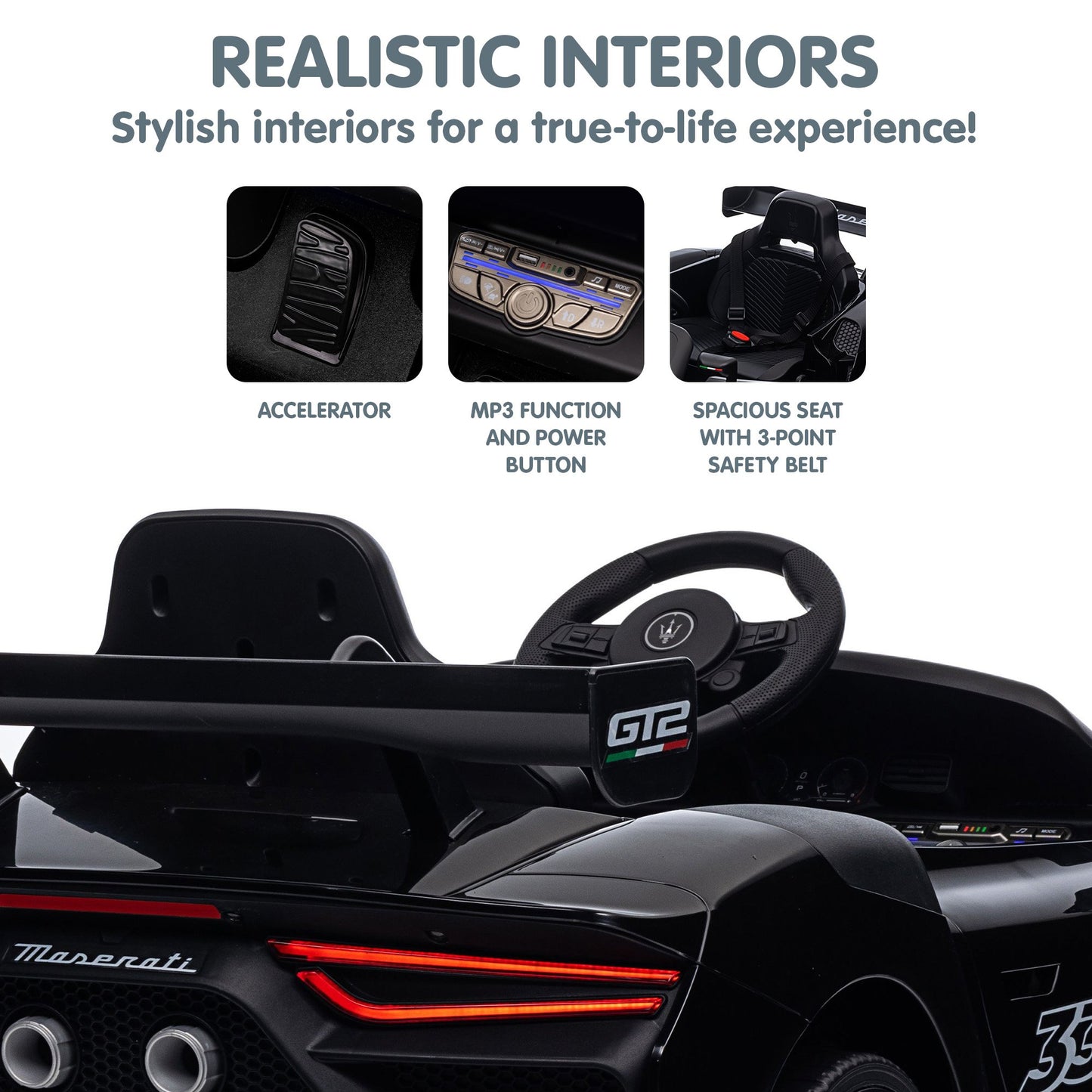 Black toy car with realistic interior features and Maserati branding.