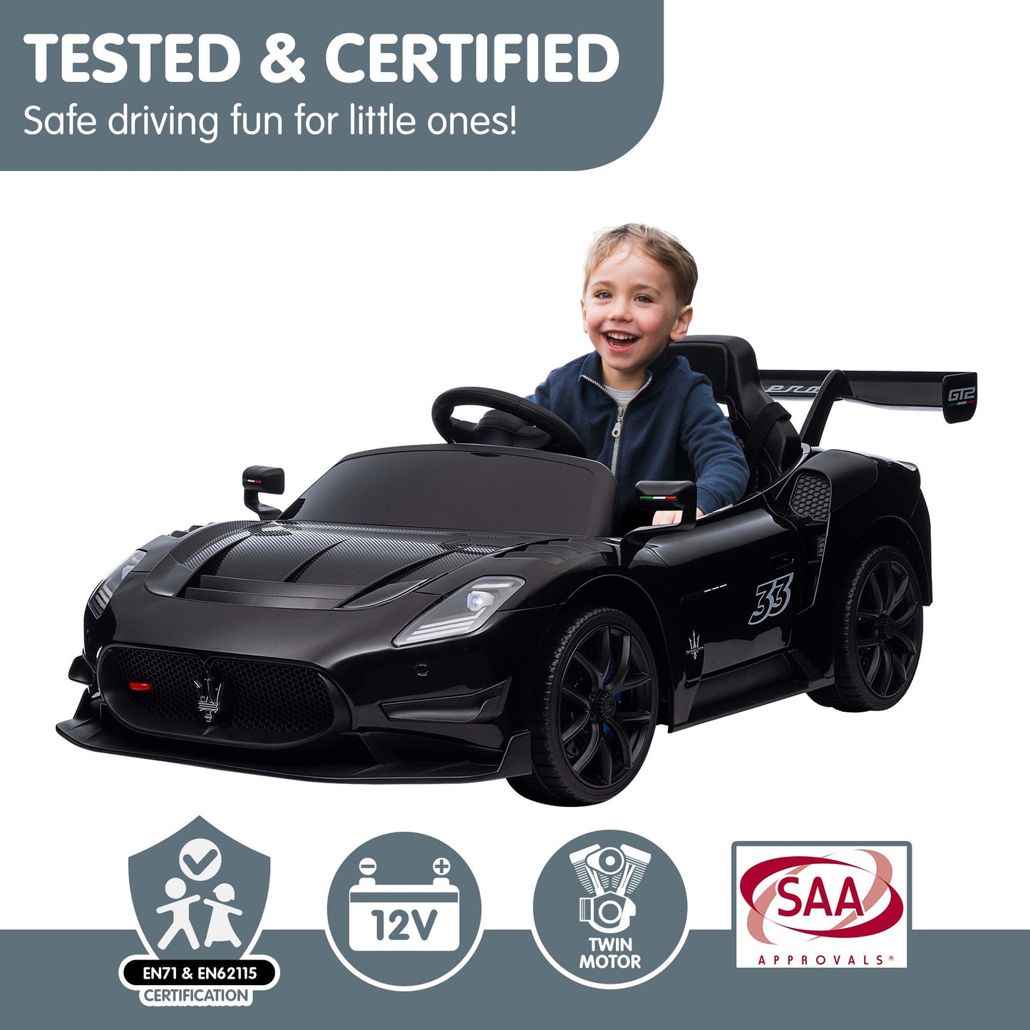 Child in a black toy car with safety certification logos on a white background