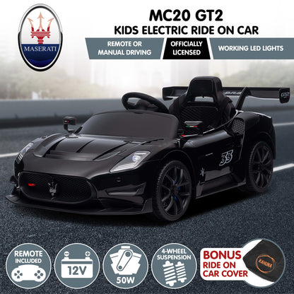 Black kids electric ride-on car with Maserati branding on a road background