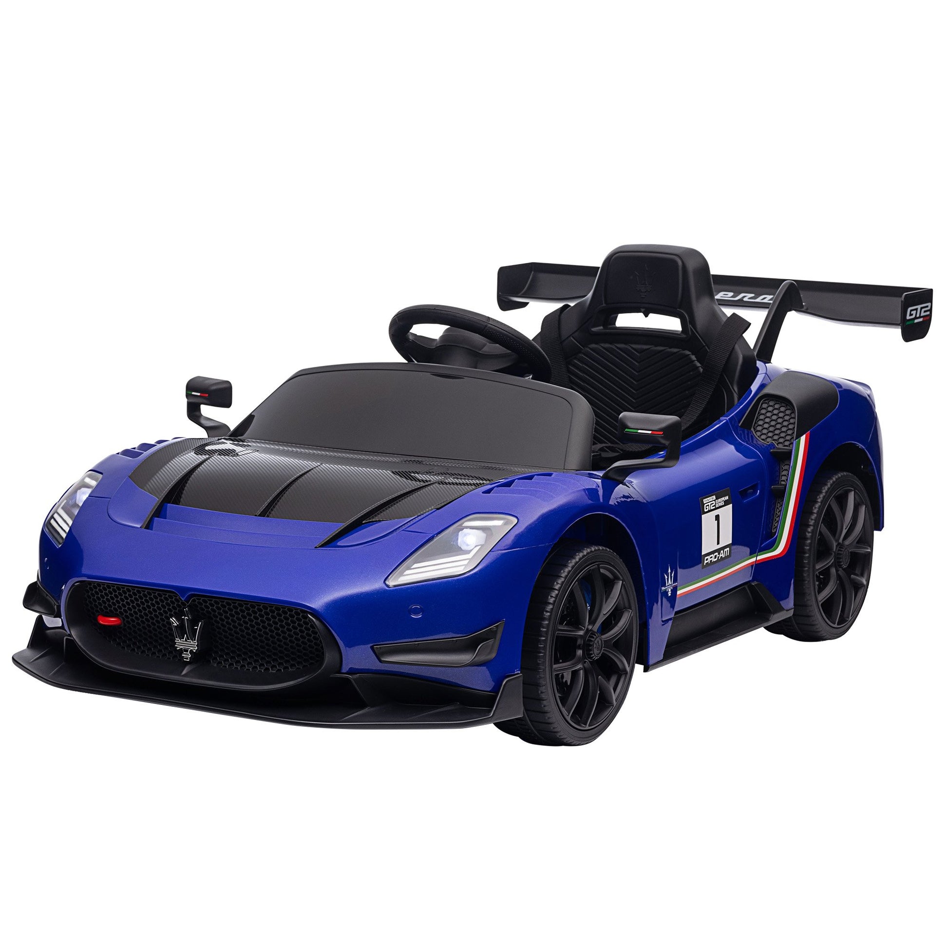 Blue toy car with black accents on a white background