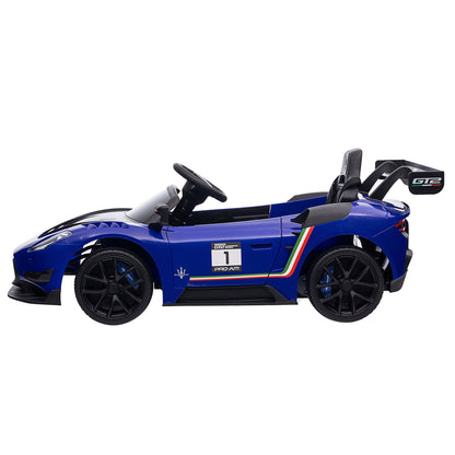 Blue toy car with racing stripes on a white background