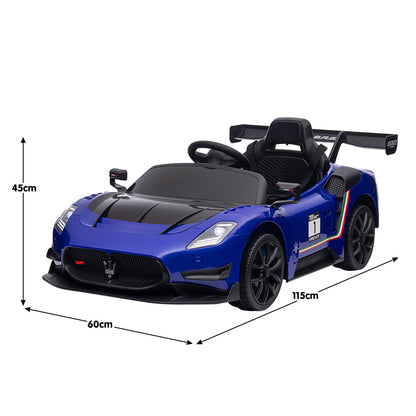 Blue toy car with dimensions indicated on a white background