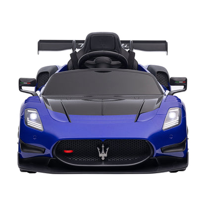 Blue toy car with black roof on a white background