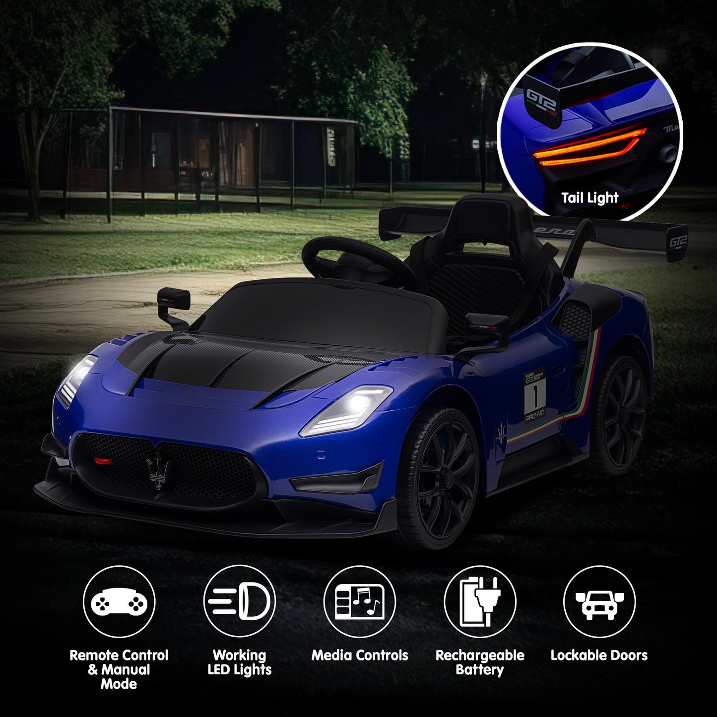 Blue toy car with features highlighted on a dark background