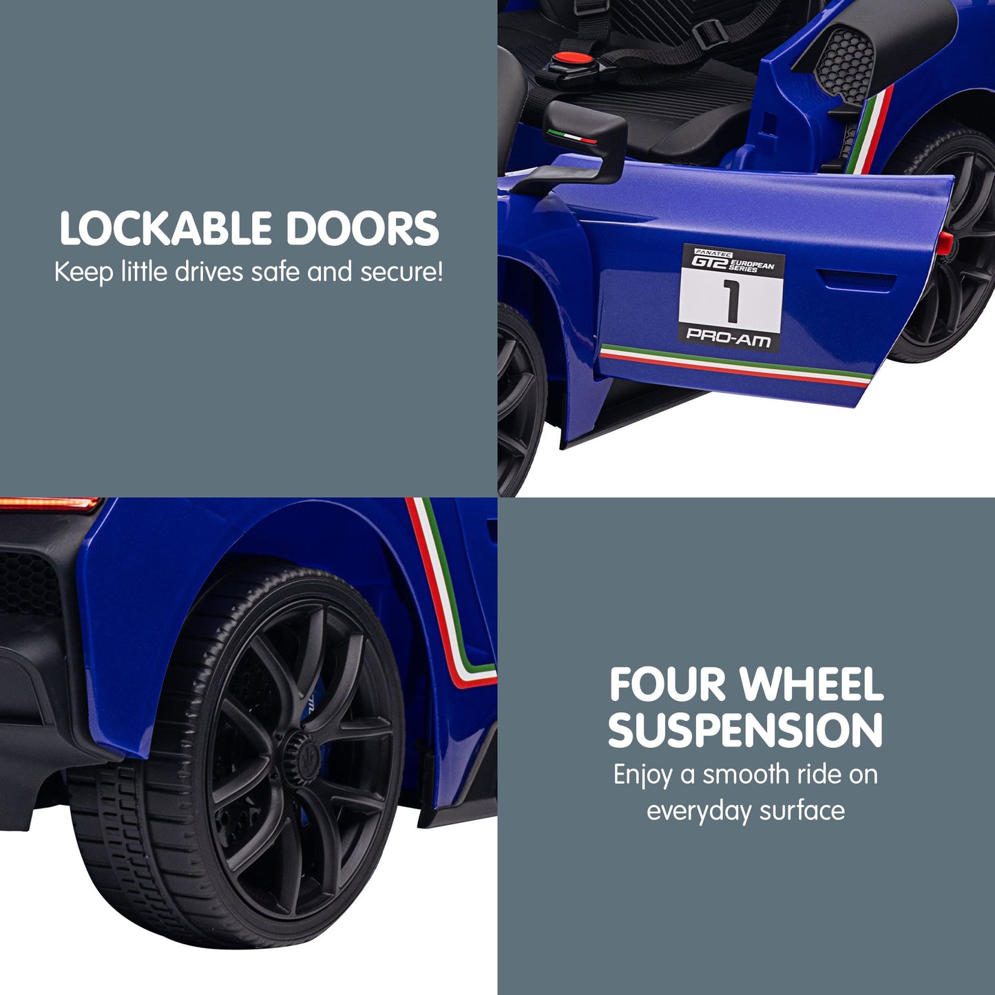 Blue toy car with lockable doors and four-wheel suspension features.