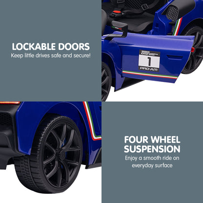 Blue toy car with lockable doors and four-wheel suspension features.