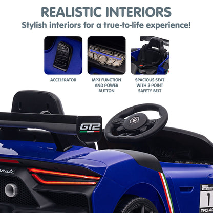 Blue toy car with realistic interior features and branding on a white background