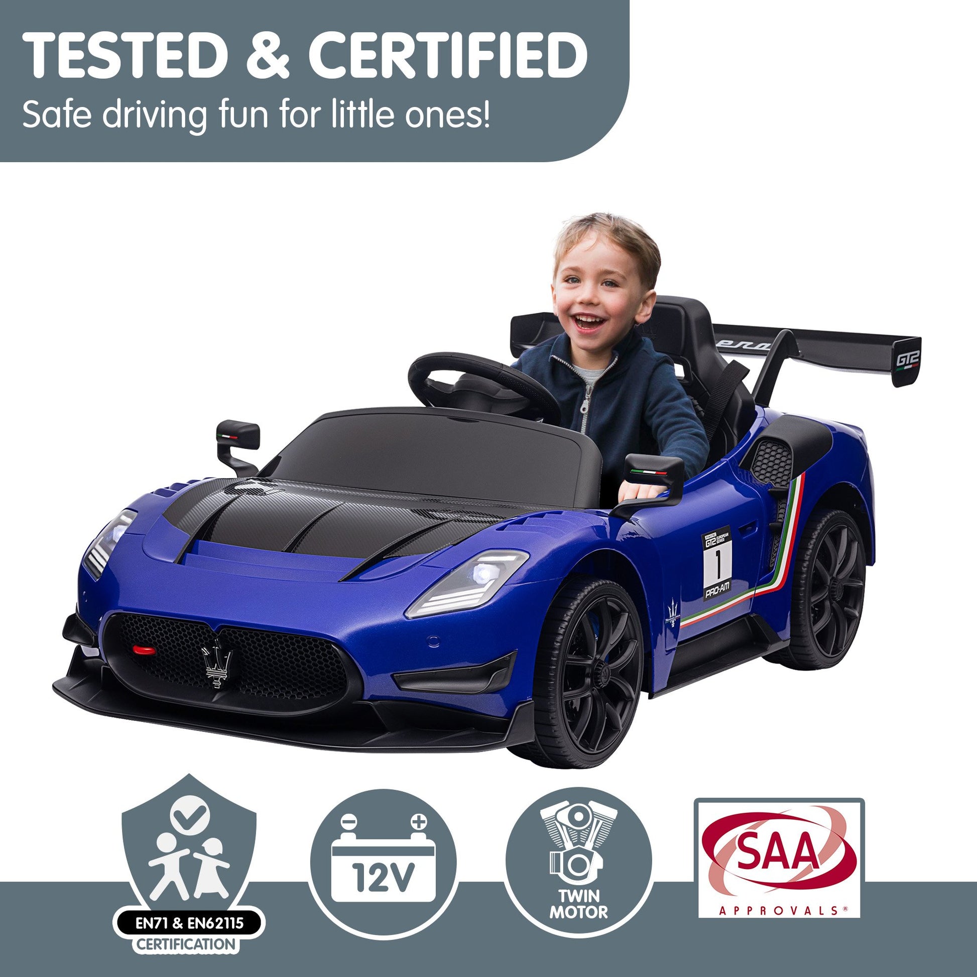 Child in a blue toy car with certification logos on a white background