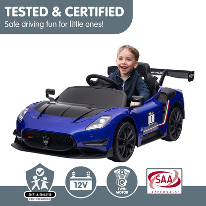 Child in a blue toy car with certification logos on a white background