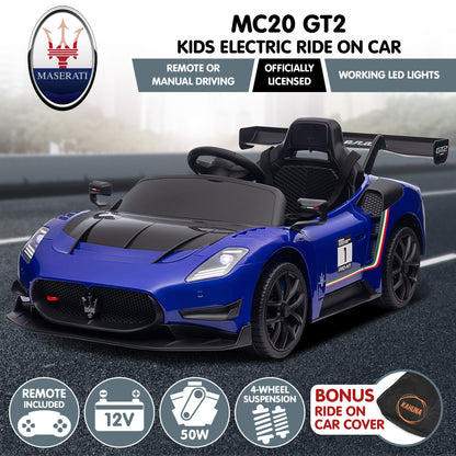 Blue kids electric ride-on car with Maserati branding on a road background